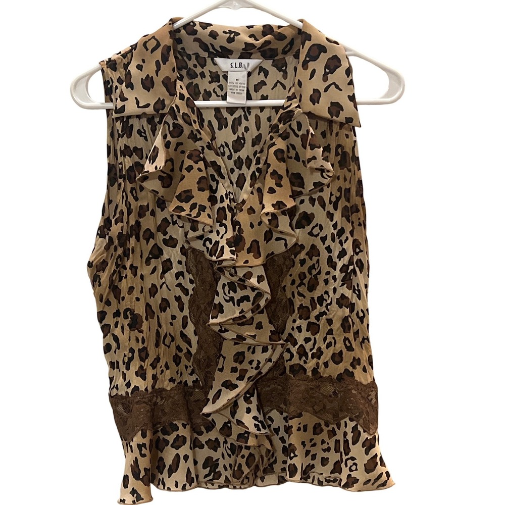 S.L.B. Womens Leopard Print Ruffle Lace Trim Sleeveless Blouse Brown Tan Medium